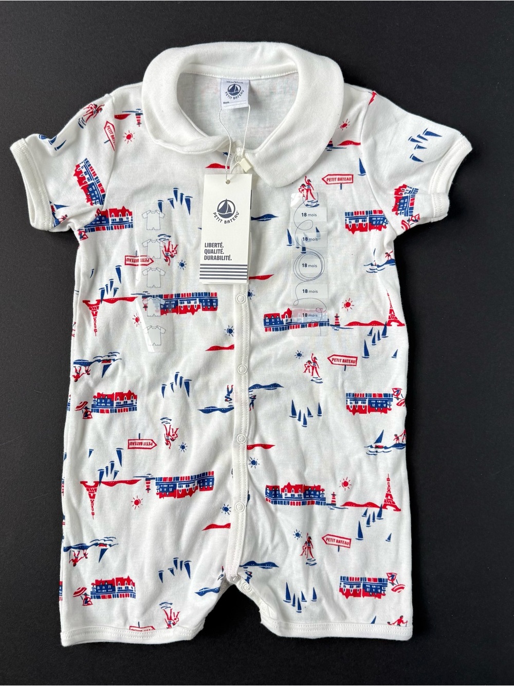 Petit Bateau White Short-Sleeve One-Piece with Red & Blue City Print